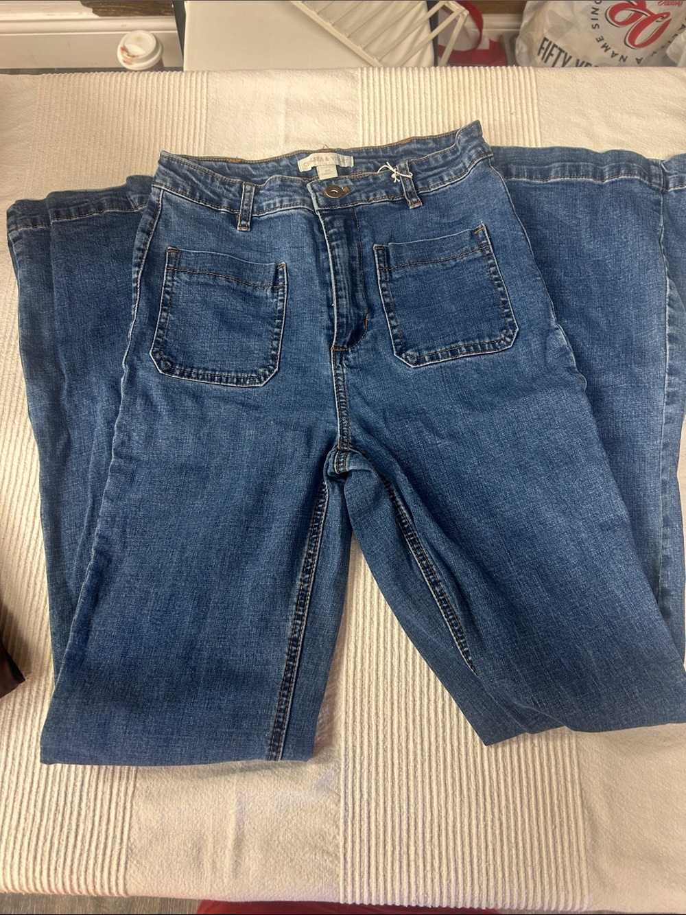 Chelsea & Violet Medium Blue Flare Jeans with Front Patch Pockets